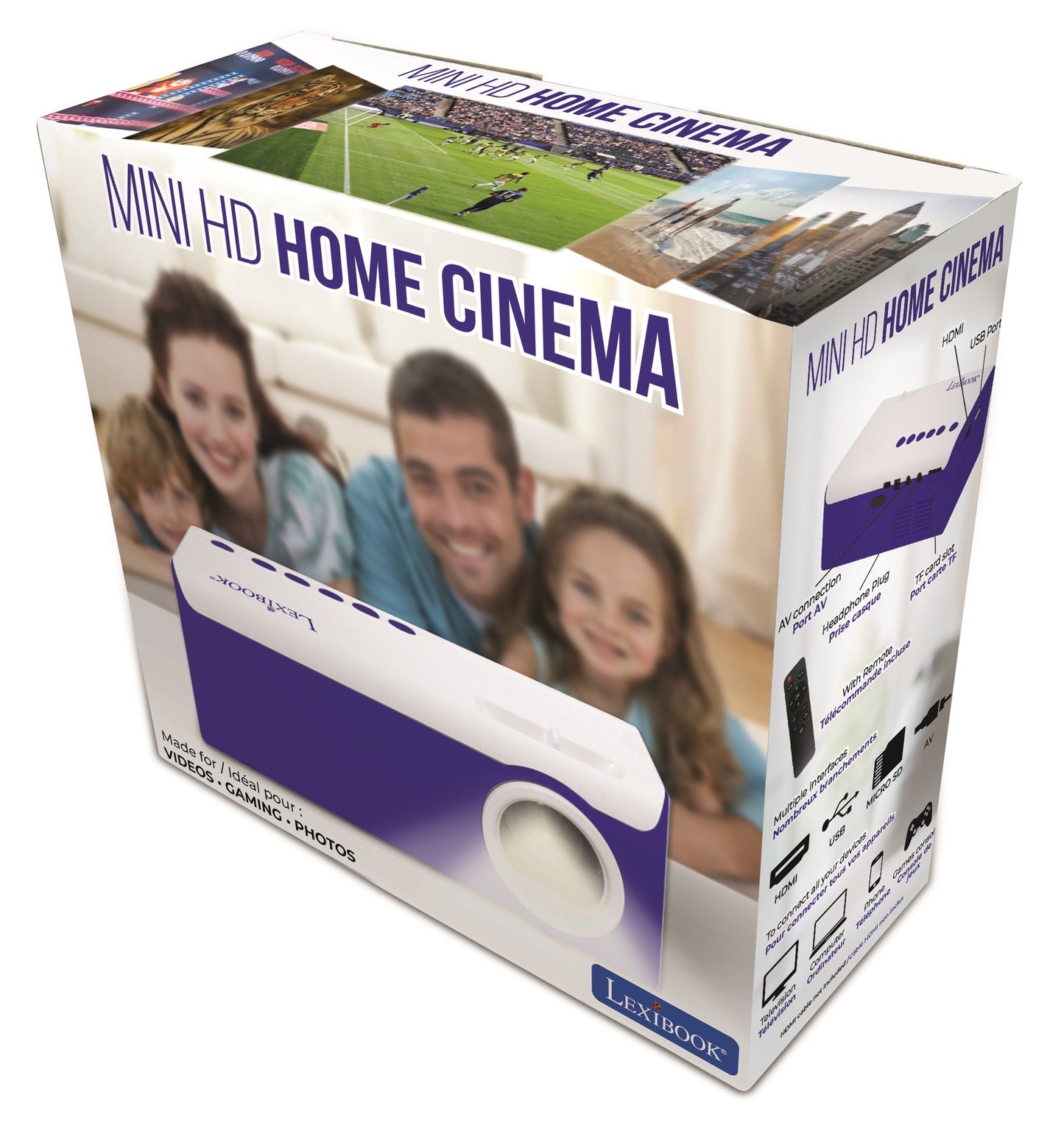Mini HD Home Cinema projector box showing white and purple device with family on model watching projected content on walls