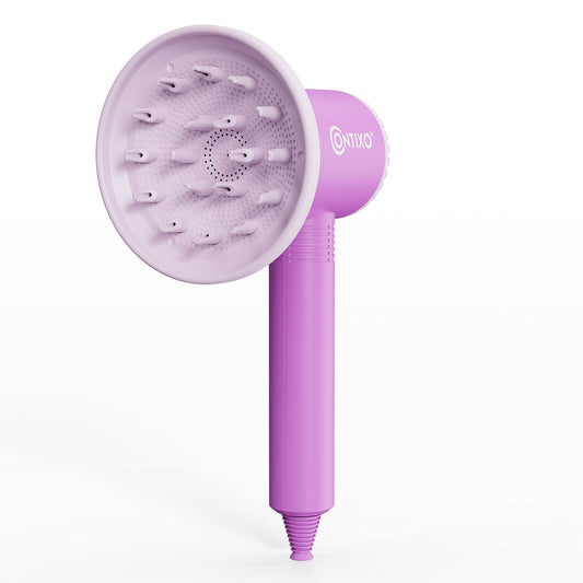 Purple hair dryer toy with textured circular head and handle, part of Contixo hairstyling pretend play set
