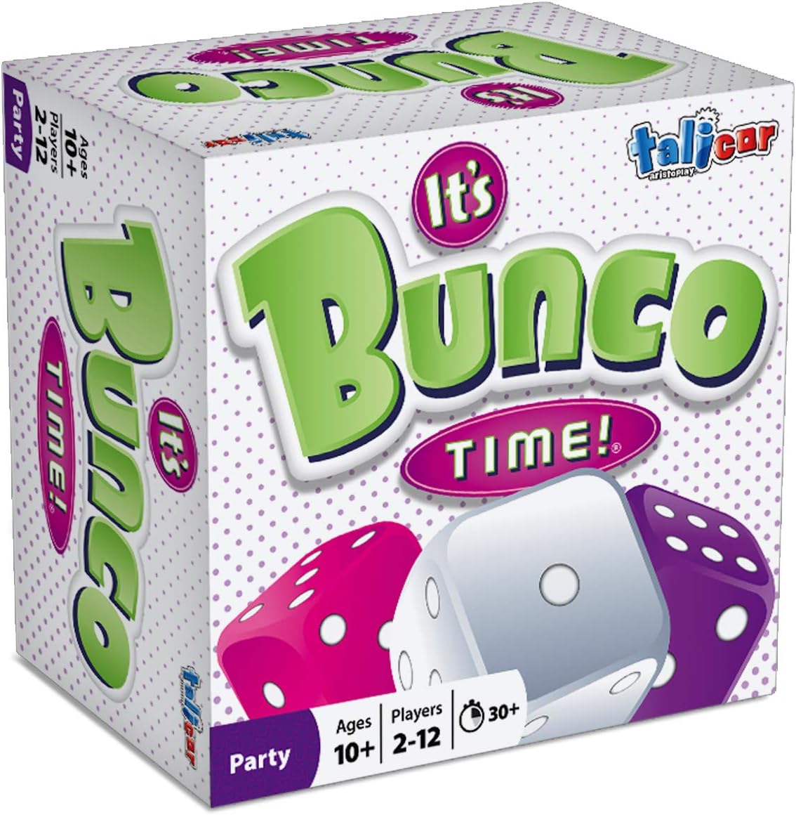 It's Bunco Time! board game box featuring green logo text, pink and purple dice, and game details for ages 10+ and 2-12 players