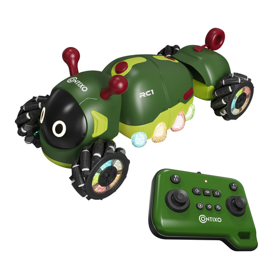 Contixo RC1 green mech caterpillar car with LED lights, remote control, and stunt features