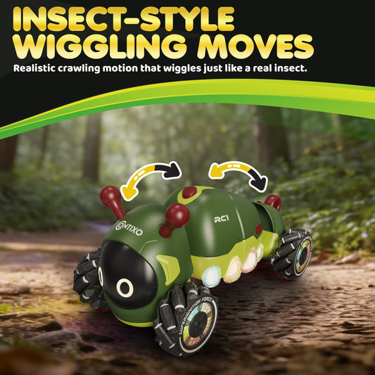 Contixo RC1 green caterpillar RC car with red antennae, LED lights, and all-terrain wheels on forest ground