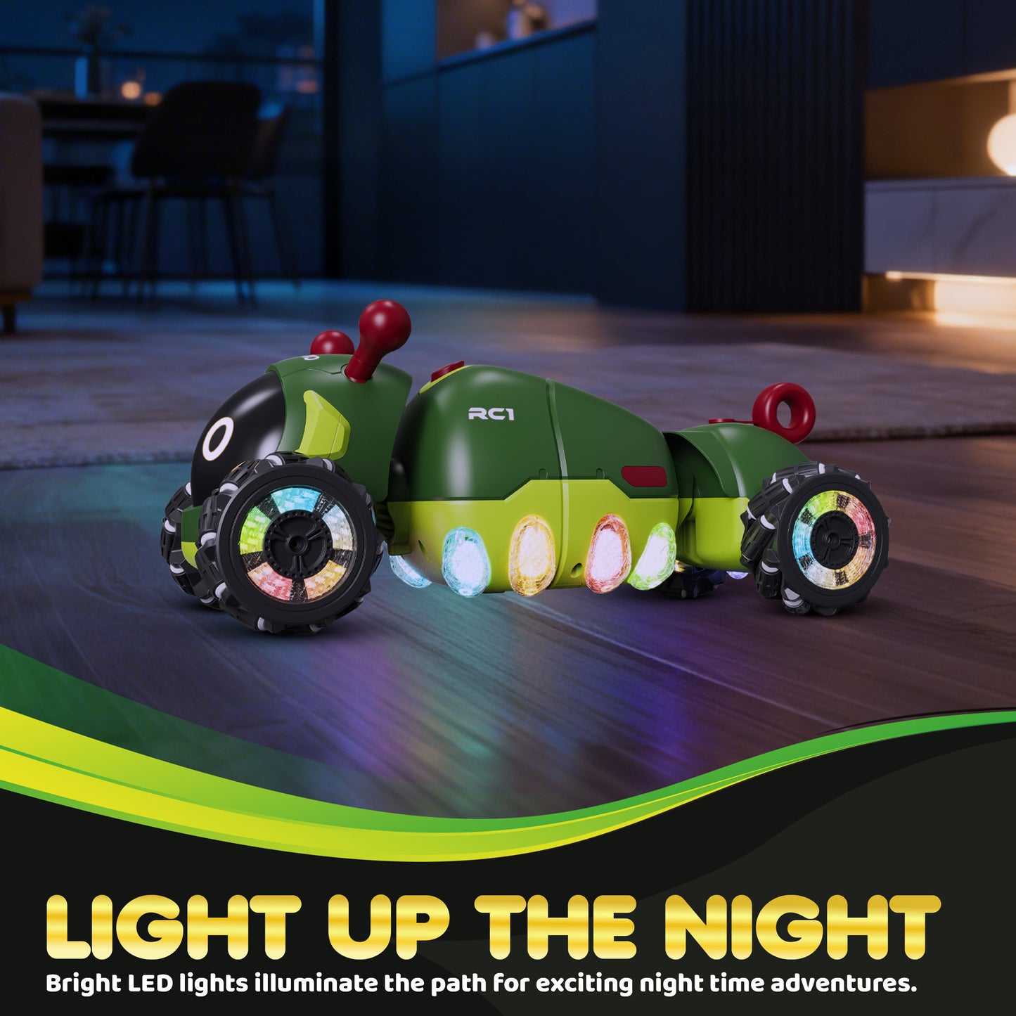 Contixo RC1 green and yellow remote control caterpillar car with LED lights and red antenna