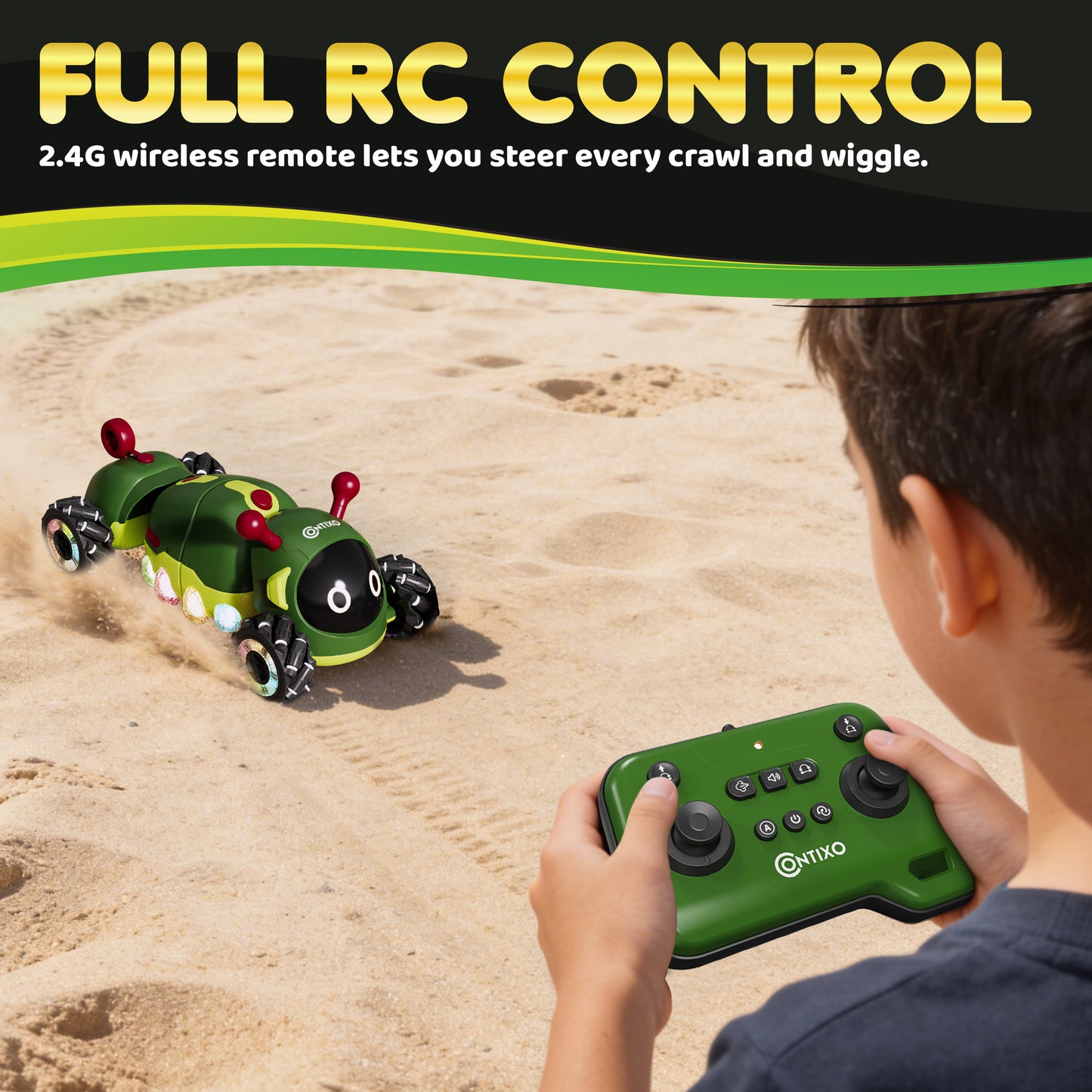 Contixo RC1 green caterpillar car with red antenna being controlled by child on beach