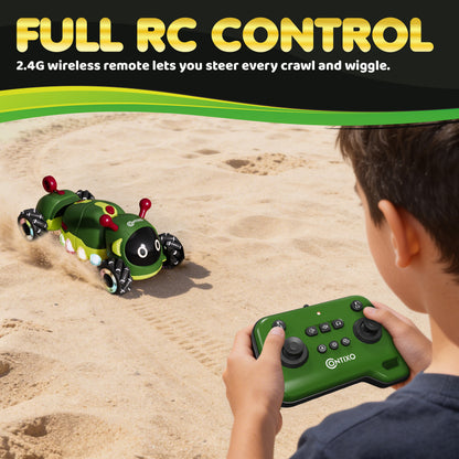 Contixo RC1 green caterpillar car with red antenna being controlled by child on beach