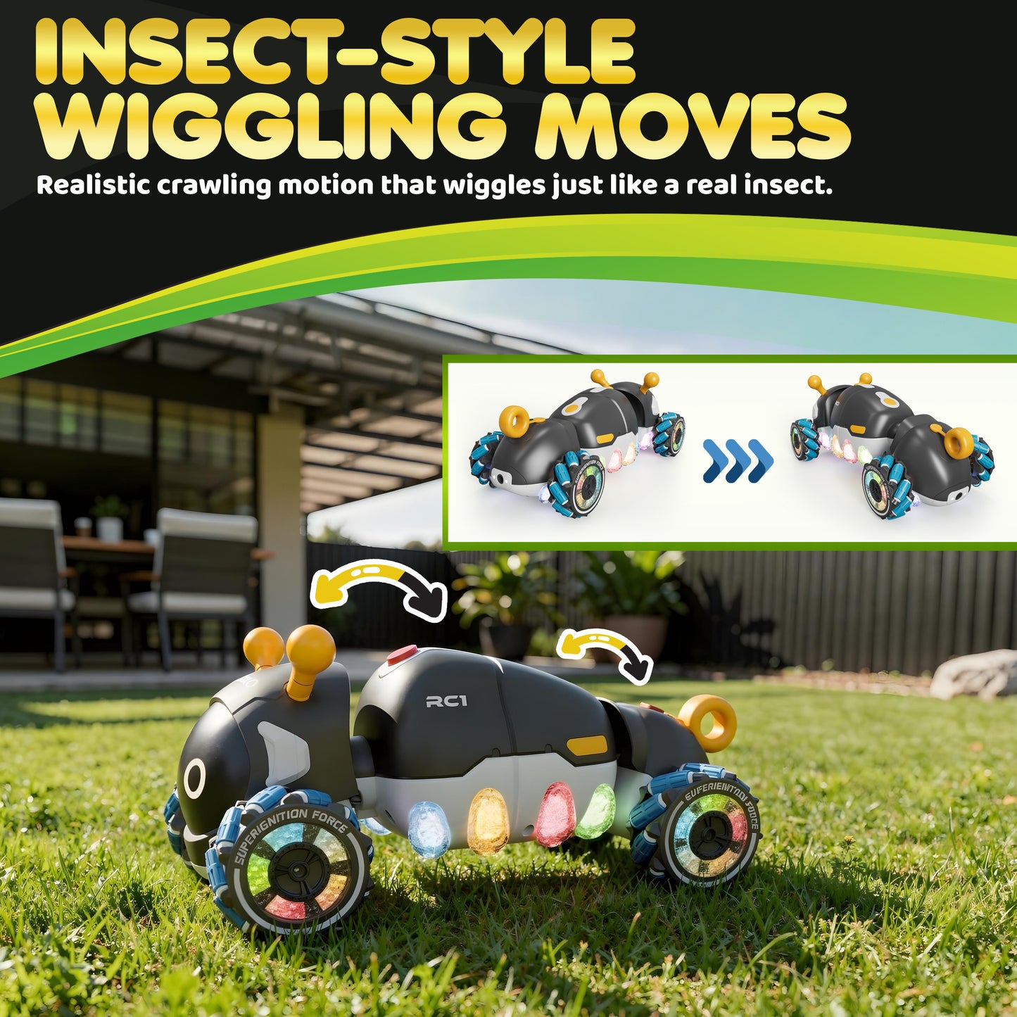 Contixo RC1 black mech caterpillar car with LED lights and blue wheels on grass