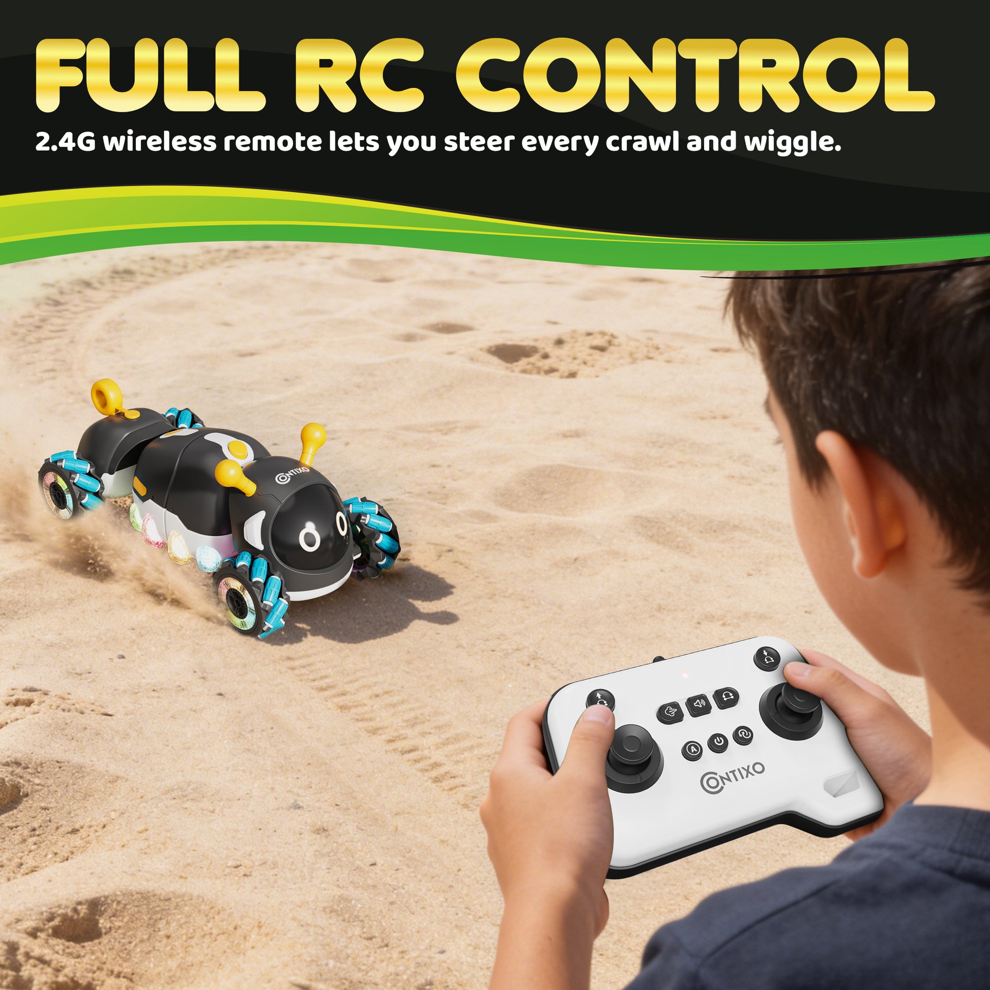 Contixo RC1 Mech Stunt RC Caterpillar Car with 2.4GHz remote control on sandy beach