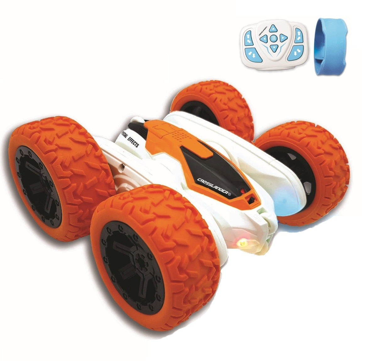 White and orange remote control stunt car with large textured orange wheels, shown with white and blue remote control and blue wrist strap