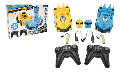Lexibook Crosslander Bumper RC cars set with yellow and blue vehicles, two wireless controllers, USB charging cables, battery packs, and removable robot figures