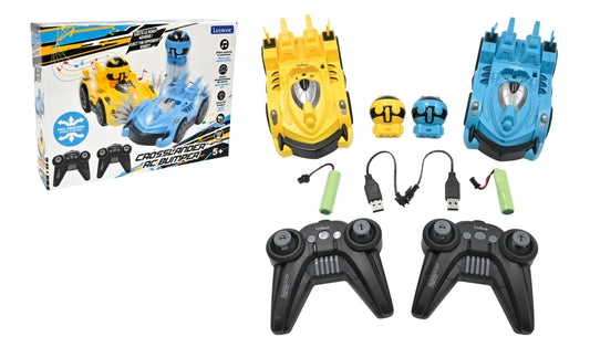 Lexibook Crosslander Bumper RC cars set with yellow and blue vehicles, two wireless controllers, USB charging cables, battery packs, and removable robot figures