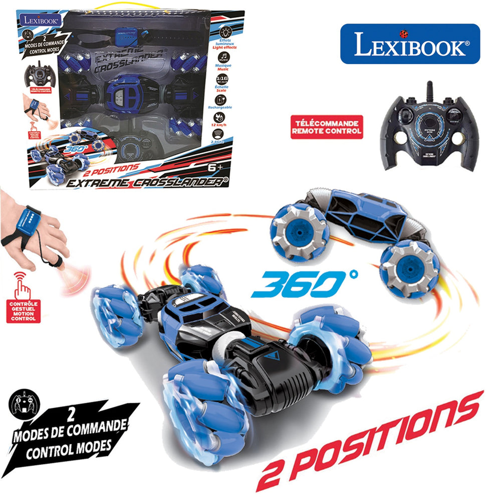 Lexibook Extreme Crosslander remote control vehicle in blue and black with 360-degree rotation capability, shown with controller and packaging