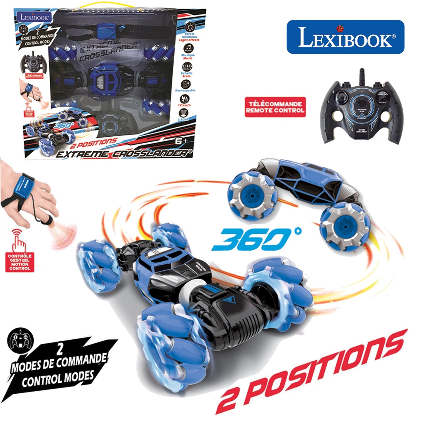 Lexibook Extreme Crosslander remote control vehicle in blue and black with 360-degree rotation capability, shown with controller and packaging