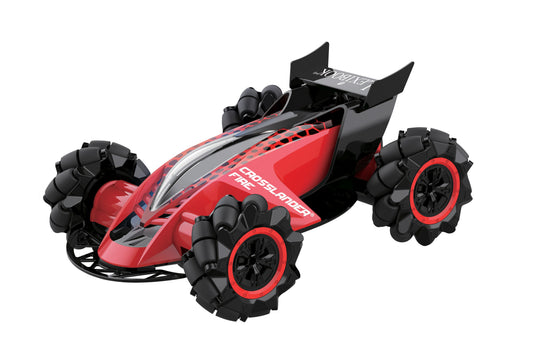 Red and black remote control stunt car with oversized chunky tires and black spoiler wings, shown on plain white background