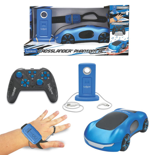 Crosslander Phantom RC car set with blue remote-controlled vehicle, wrist controller, charging dock, wireless gamepad, and packaging