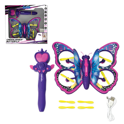 Lexibook Crosslander Butterfly RC drone with purple remote, yellow propellers, and illuminated pink and blue wings
