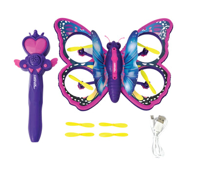Lexibook Crosslander Butterfly RC drone with purple remote, pink wings, and yellow propellers