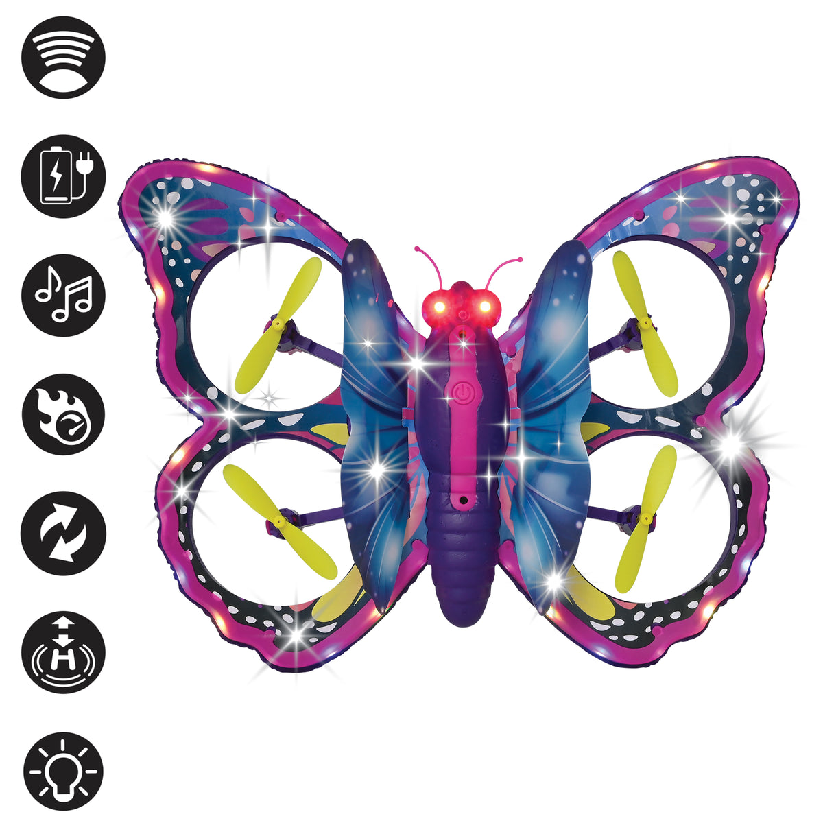 Lexibook Crosslander Butterfly RC drone with pink and blue illuminated wings and yellow propellers