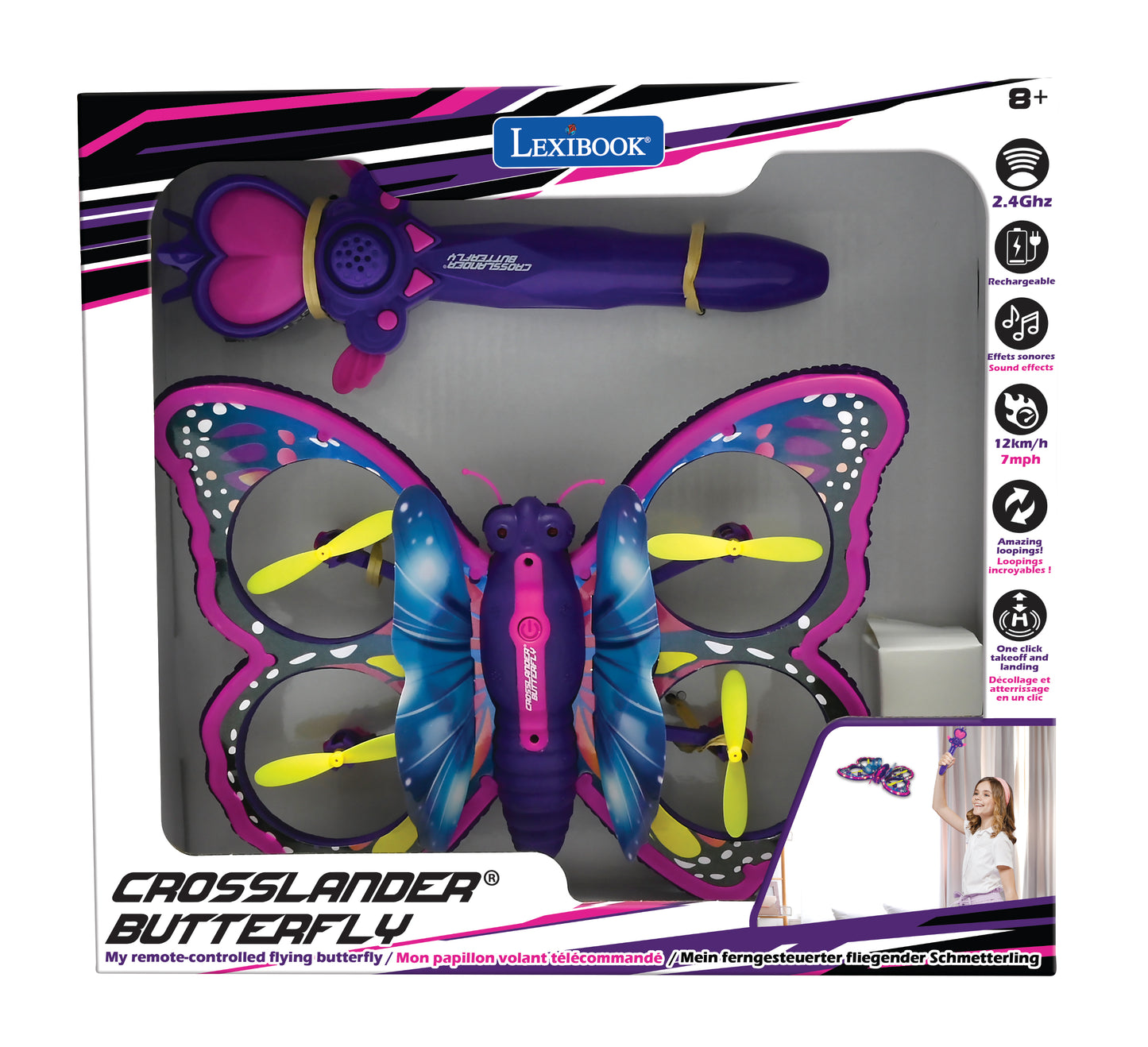Lexibook Crosslander Butterfly remote-controlled flying toy with purple and pink wings