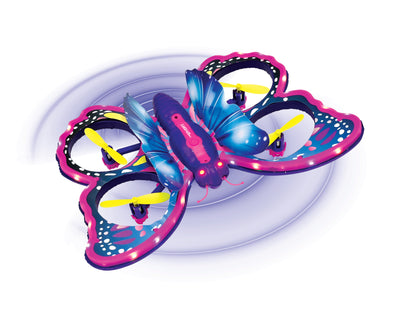 Lexibook Crosslander Butterfly RC toy with pink wings, blue accents, LED lights, and yellow propellers