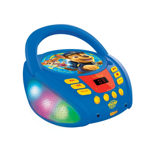 Blue Paw Patrol Bluetooth CD player with carrying handle, yellow buttons, red digital display, and illuminated speaker with color-changing lights