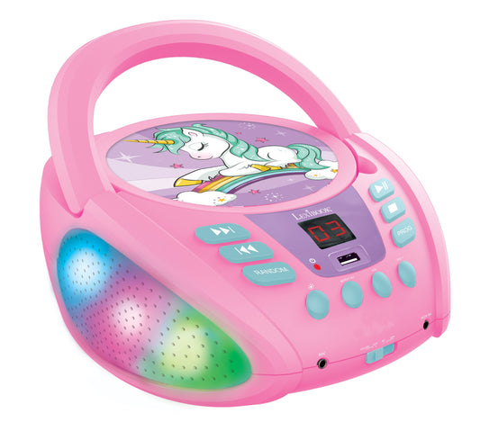 Pink Lexibook portable CD player with unicorn design on screen, turquoise buttons, and color-changing LED speakers