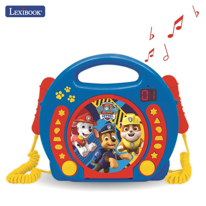 Blue and red Paw Patrol portable CD player with yellow handles, featuring characters on the screen and musical note graphics