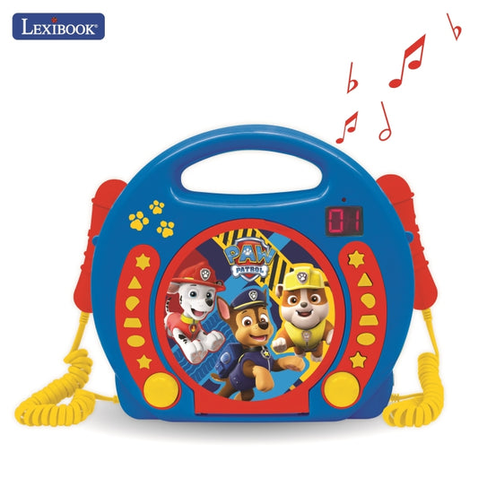 Blue and red Paw Patrol portable CD player with yellow handles, featuring characters on the screen and musical note graphics
