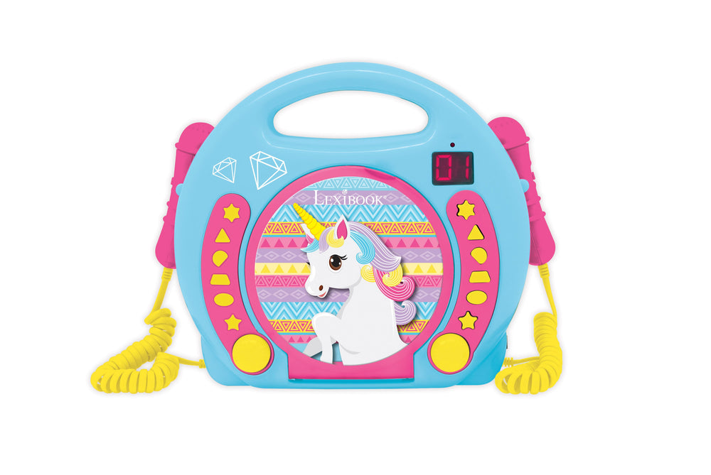 Blue and pink portable CD player with unicorn design, dual yellow coiled microphones, and button controls featuring stars and shapes