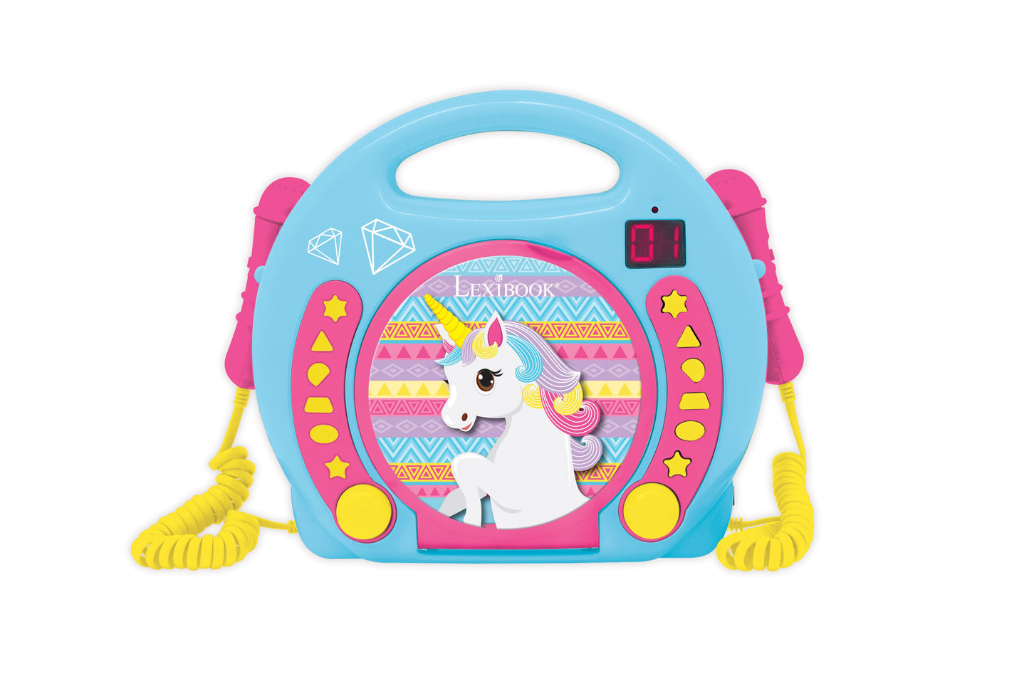 Blue and pink portable CD player with unicorn design, dual yellow coiled microphones, and button controls featuring stars and shapes