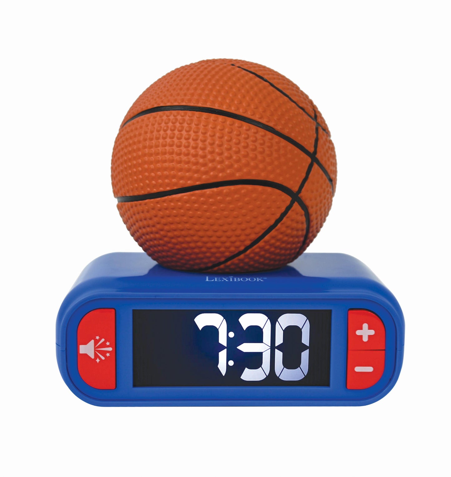 Orange basketball perched on blue digital alarm clock displaying 7:30, with red plus and minus buttons on sides