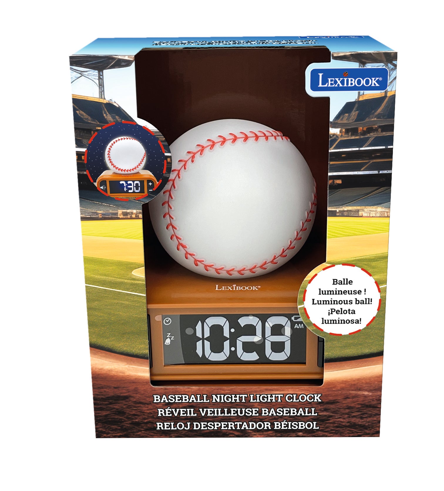 Lexibook baseball night light clock in packaging, showing white baseball with red stitching and digital display reading 10:28