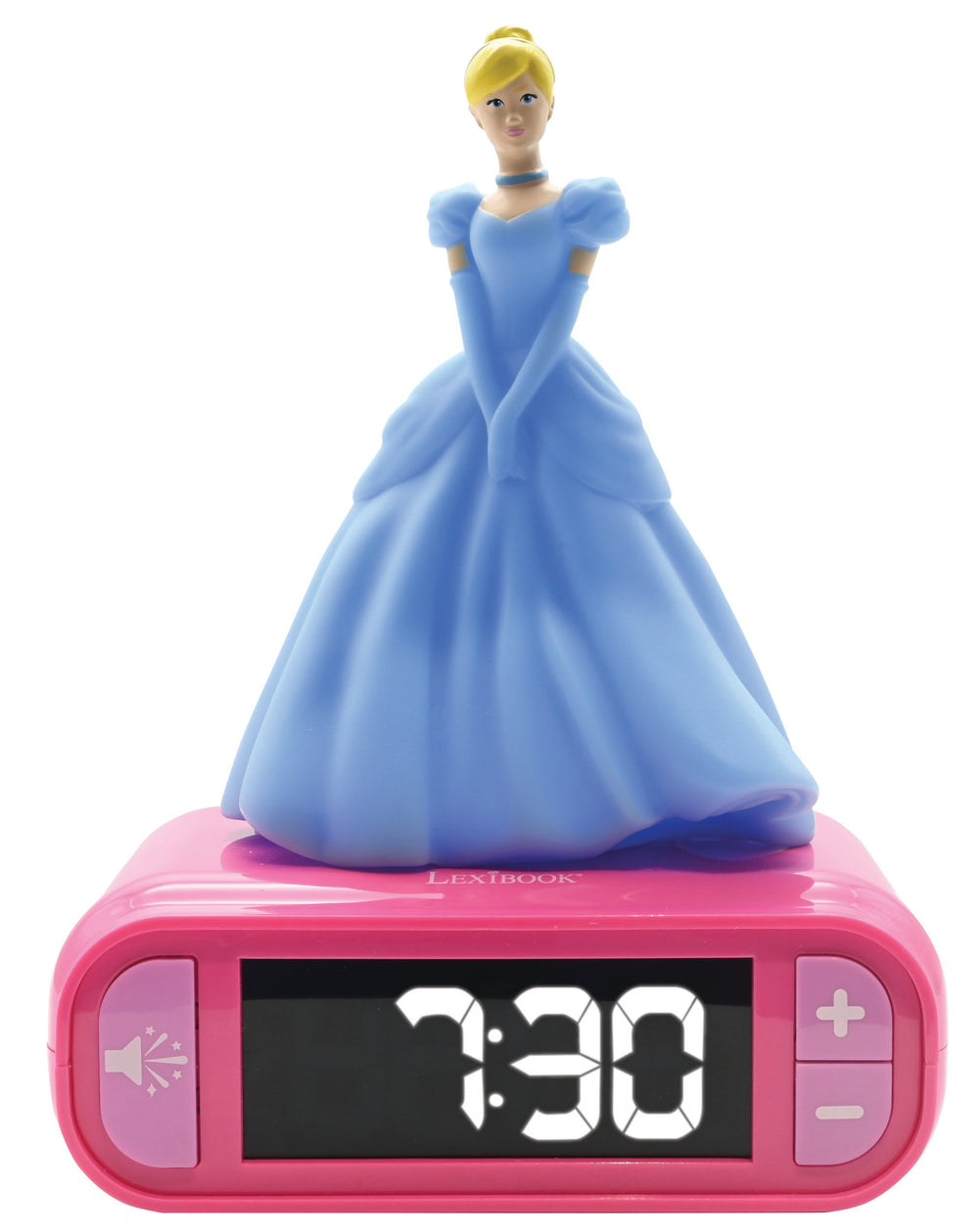 Disney Princess Cinderella doll figurine on pink digital alarm clock displaying 7:30, with nightlight feature