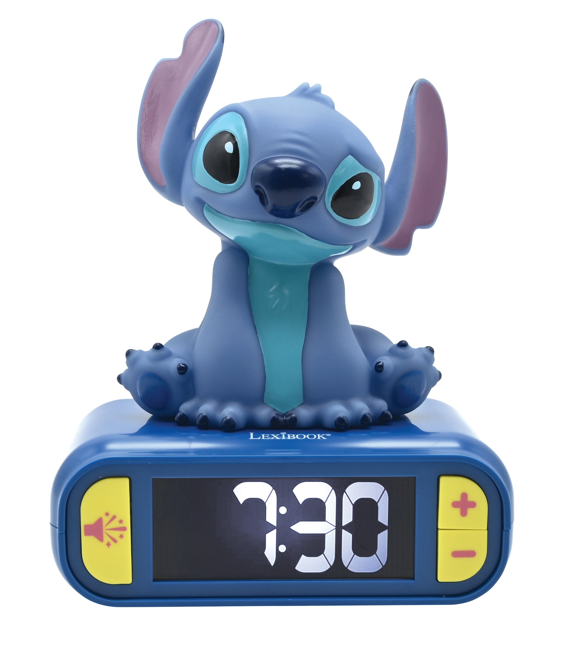 Blue digital alarm clock with Stitch character figure on top, yellow side buttons, and LED display showing 7:30