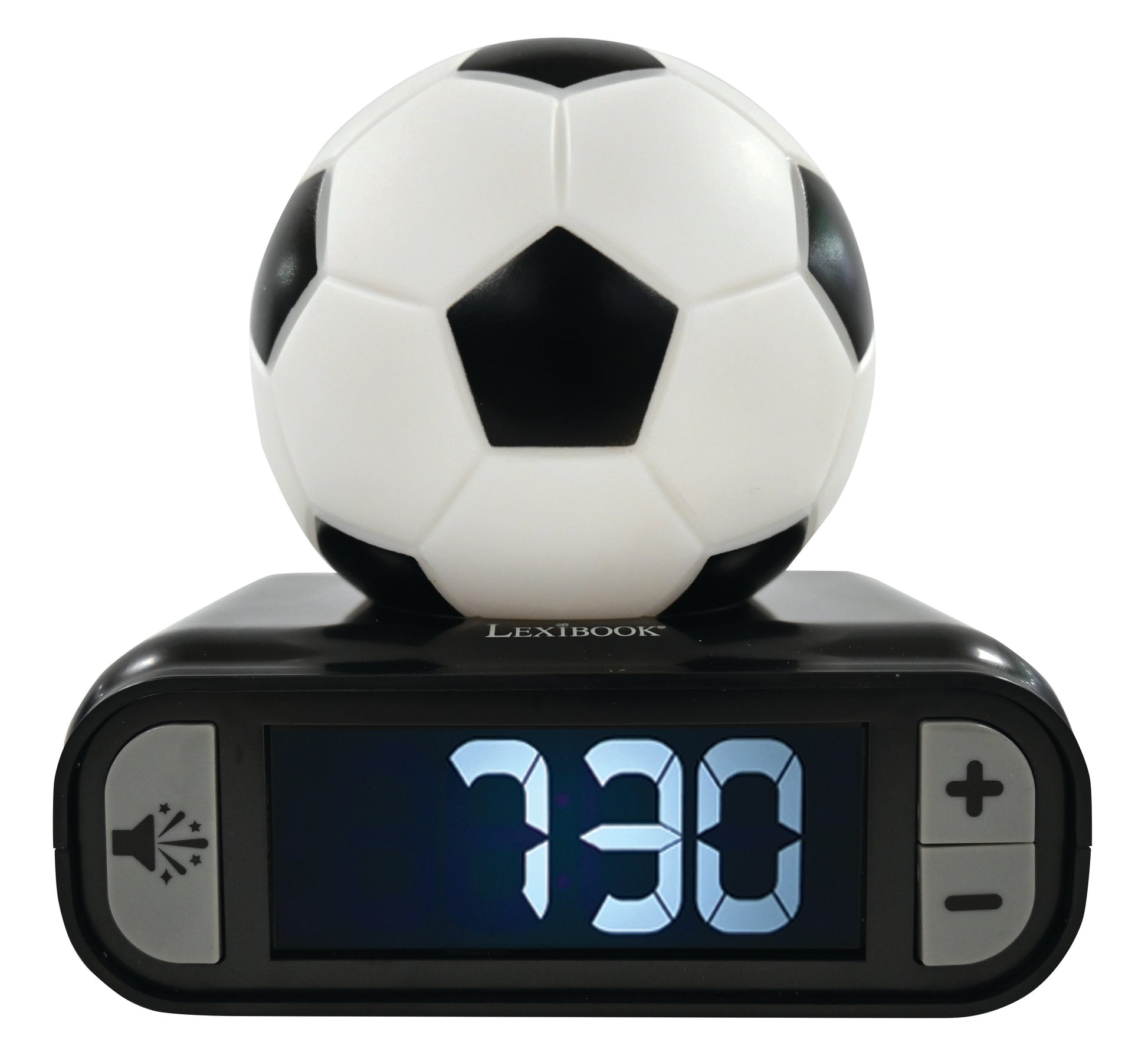 Soccer ball-shaped digital alarm clock with black base displaying 13:30, sound icon and plus/minus buttons on sides