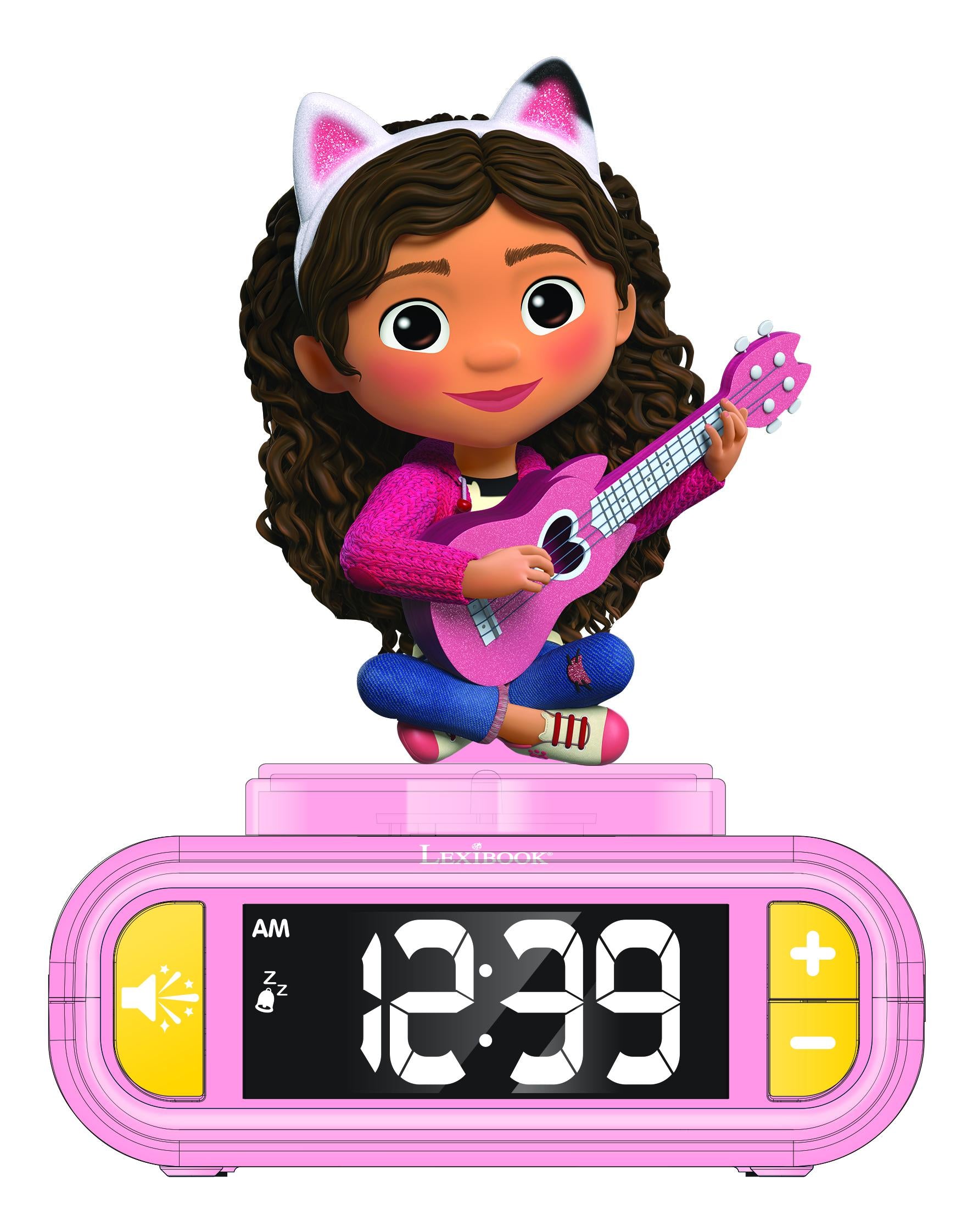 Gabby's Dollhouse nightlight and alarm clock featuring animated character with cat ears headband, holding pink guitar, mounted on pink digital display showing 9