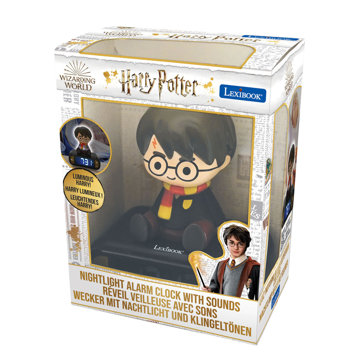 Harry Potter Lexibook nightlight alarm clock with sounds, featuring an illustrated Harry Potter character with round glasses and red and gold scarf on black bas