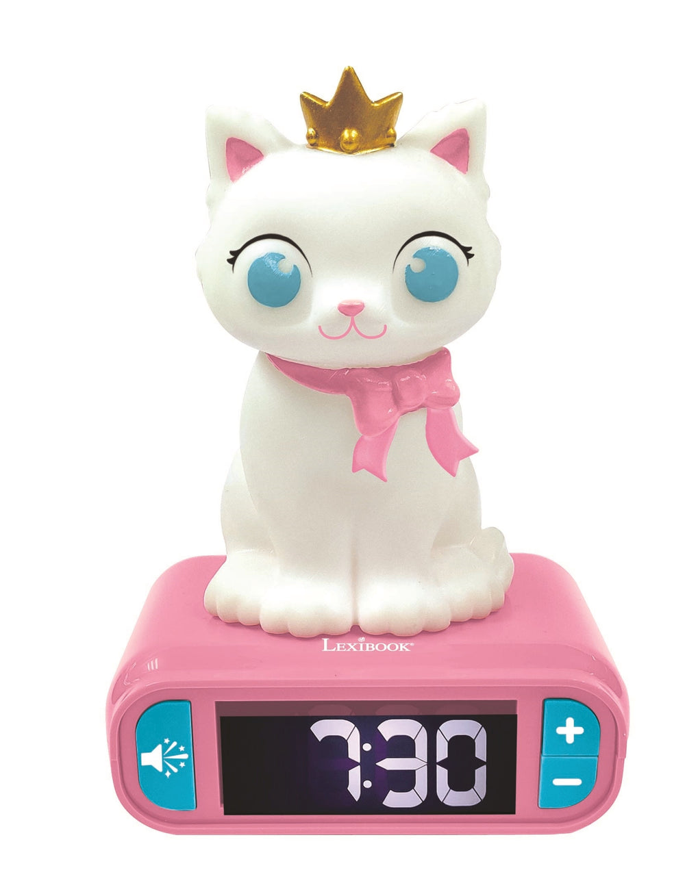White kitten-shaped digital alarm clock with pink bow, gold crown, blue eyes, and pink base displaying 3:30, featuring turquoise side buttons
