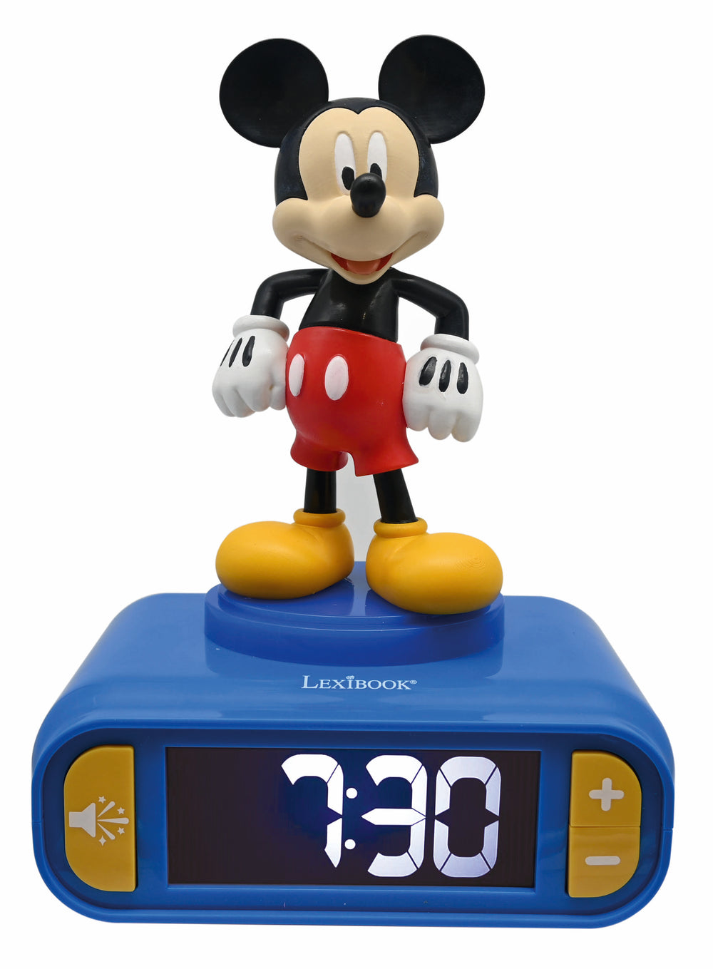 Mickey Mouse figure standing on blue digital alarm clock displaying 1:30, with yellow shoes, white gloves, red shorts, black top, and large round ears; Lexibook