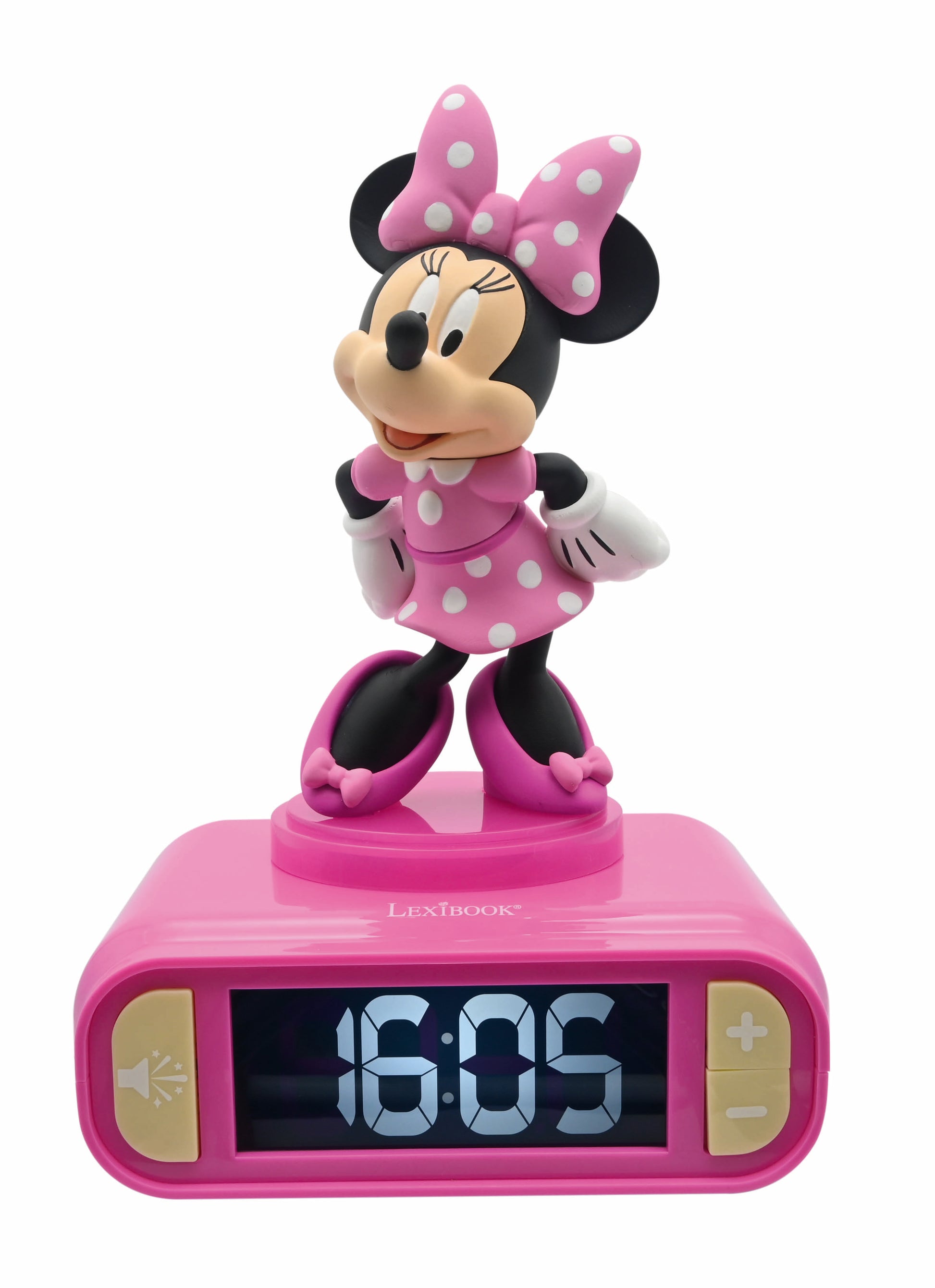 Pink Lexibook digital alarm clock with Minnie Mouse figurine on top, displaying 16:05 on the digital display