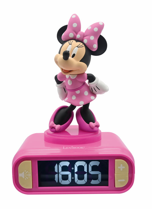 Pink Lexibook digital alarm clock with Minnie Mouse figurine on top, displaying 16:05 on the digital display