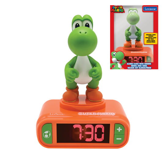 Super Mario Yoshi alarm clock with green character figure on orange digital display base showing 7:30