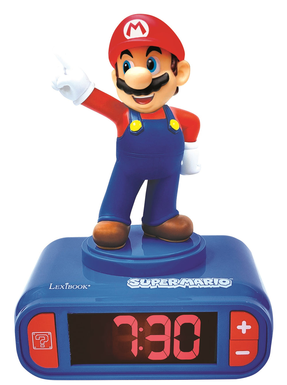 Super Mario character figure on top of blue digital alarm clock displaying 3:30, with Lexibook and Super Mario branding on base