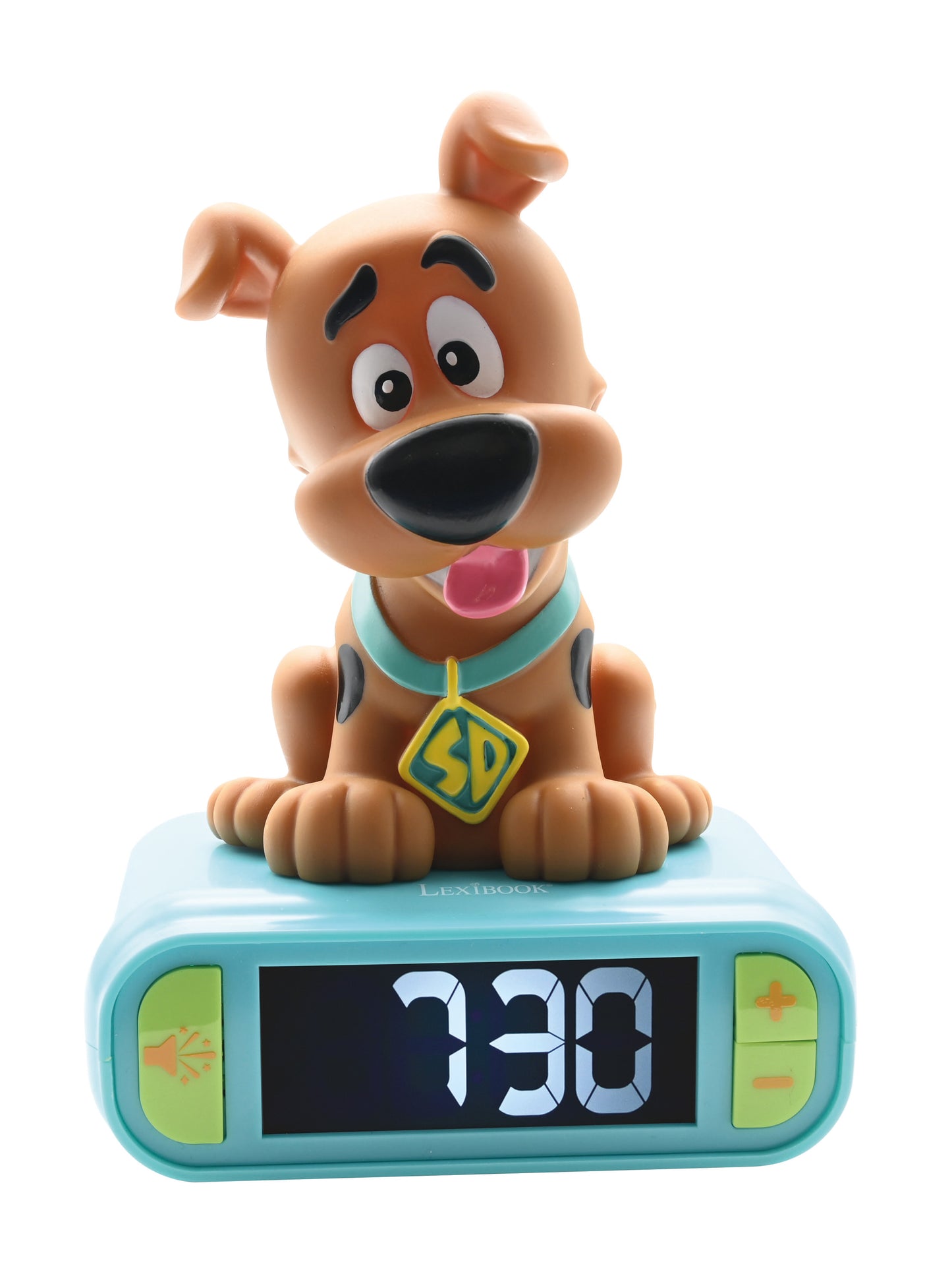 Scooby Doo 3D nightlight and digital alarm clock with brown dog character on turquoise base displaying 130