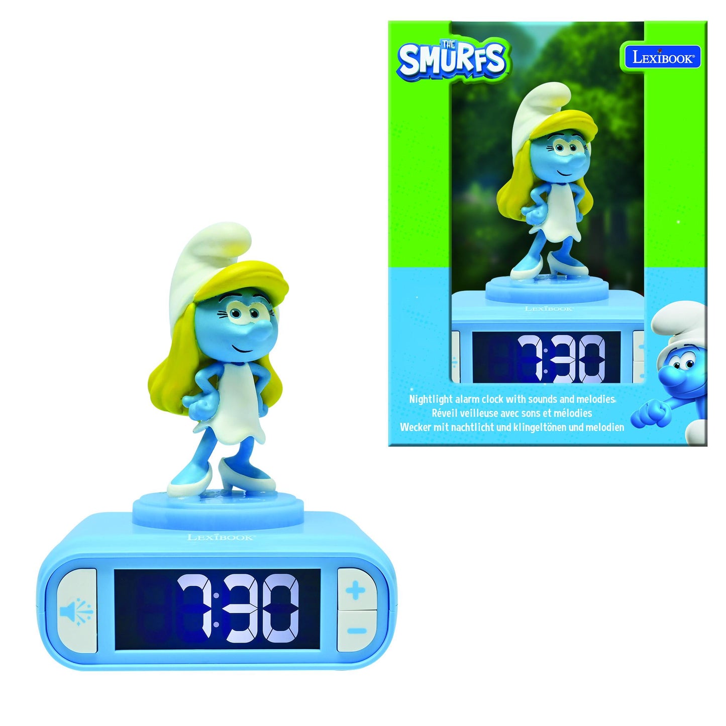 Smurfette nightlight alarm clock with blue base, digital display showing 7:30, and yellow-haired Smurf character figurine on top