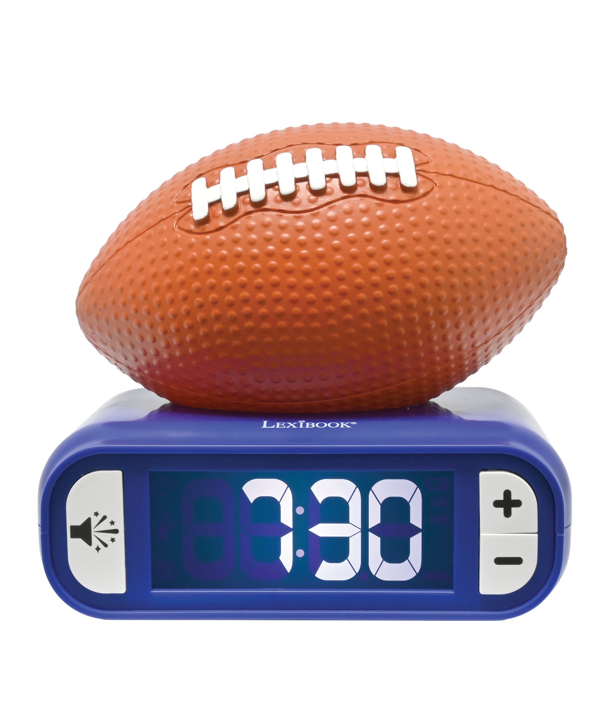 Orange foam football with white laces sitting atop a blue digital alarm clock displaying 3:30, with sound and +/- buttons on the sides