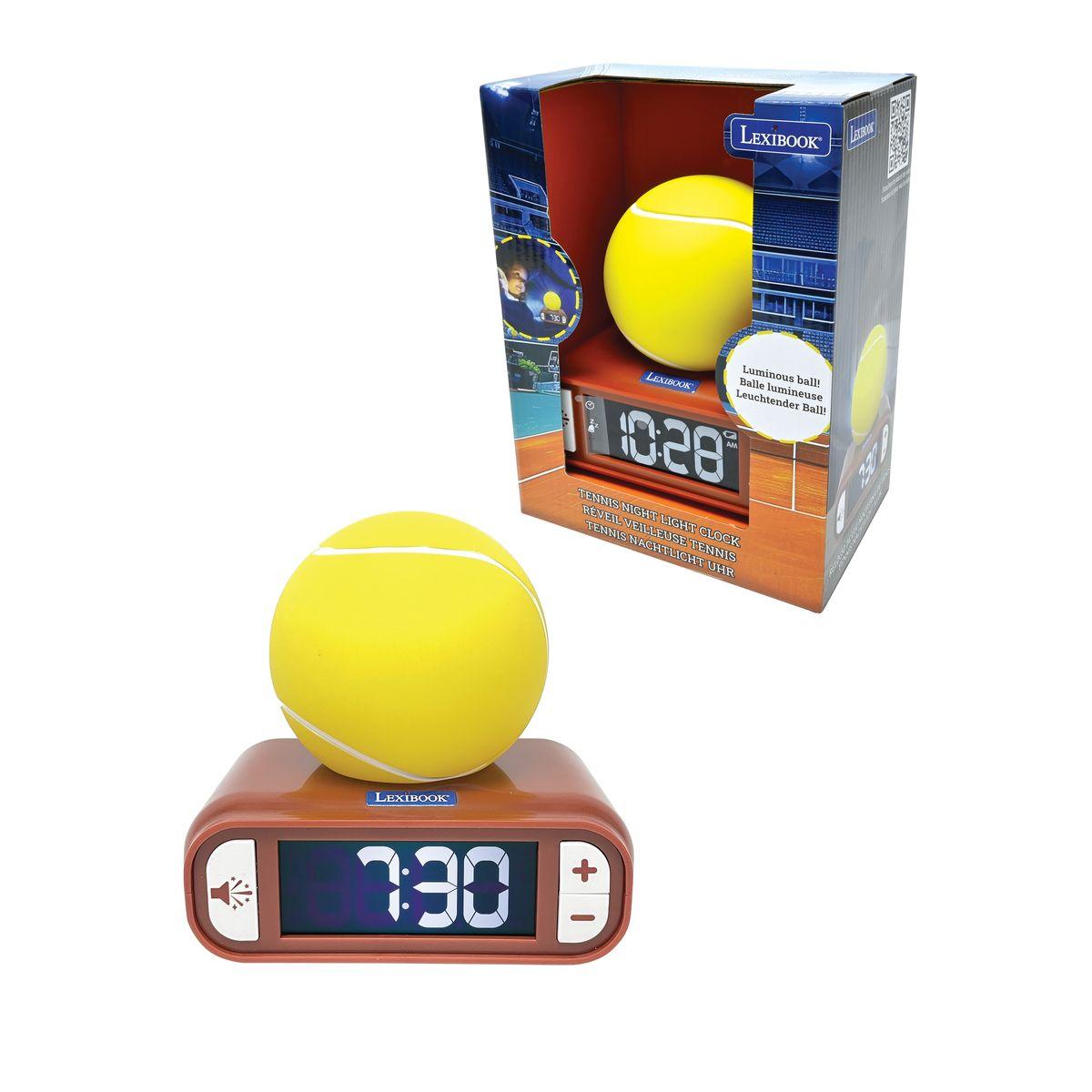 Lexibook tennis ball night light alarm clock with luminous yellow ball on red base displaying digital time, shown assembled and in packaging