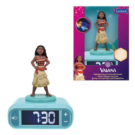 Lexibook Vaiana nightlight alarm clock with turquoise base, digital display showing 7:30, and poseable Moana character figurine on top, shown on plain backgroun