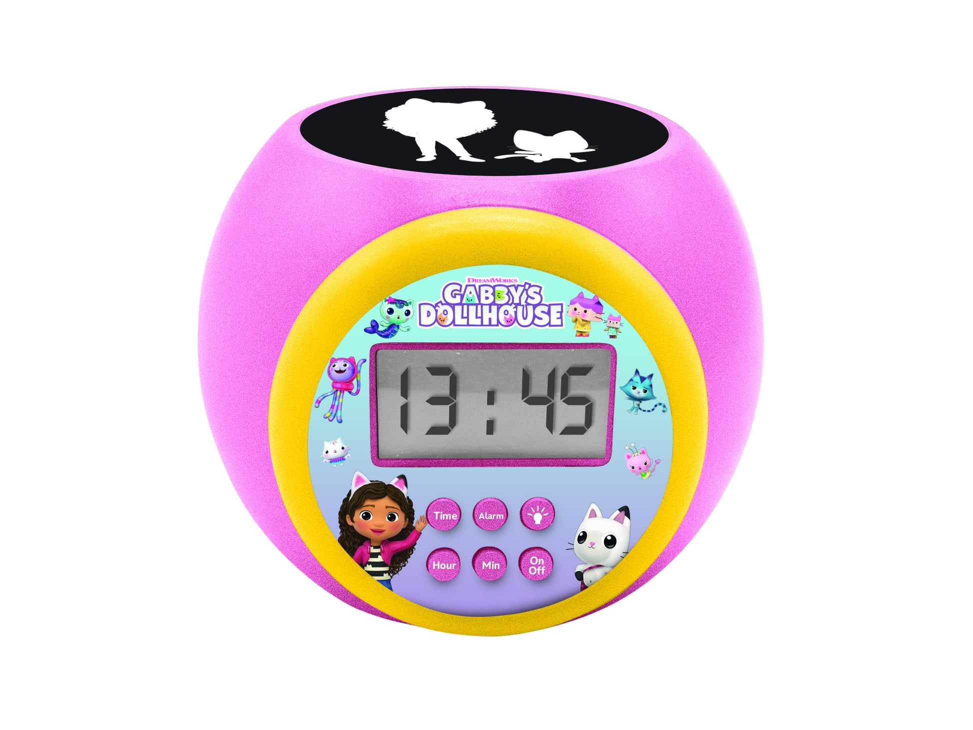 Gabby's Dollhouse pink and yellow digital alarm clock with LCD display showing 19:45, featuring character graphics and control buttons