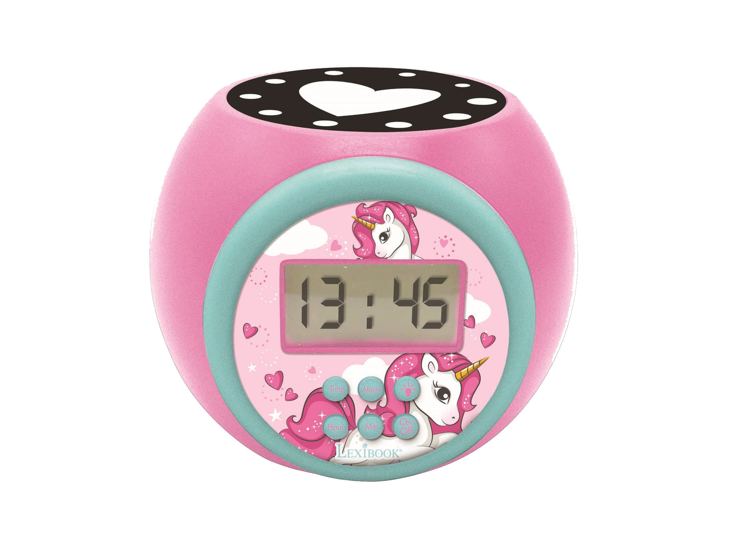 Pink and turquoise unicorn-themed digital alarm clock with LCD display showing 13:45, decorative unicorn graphics, hearts, and stars on face