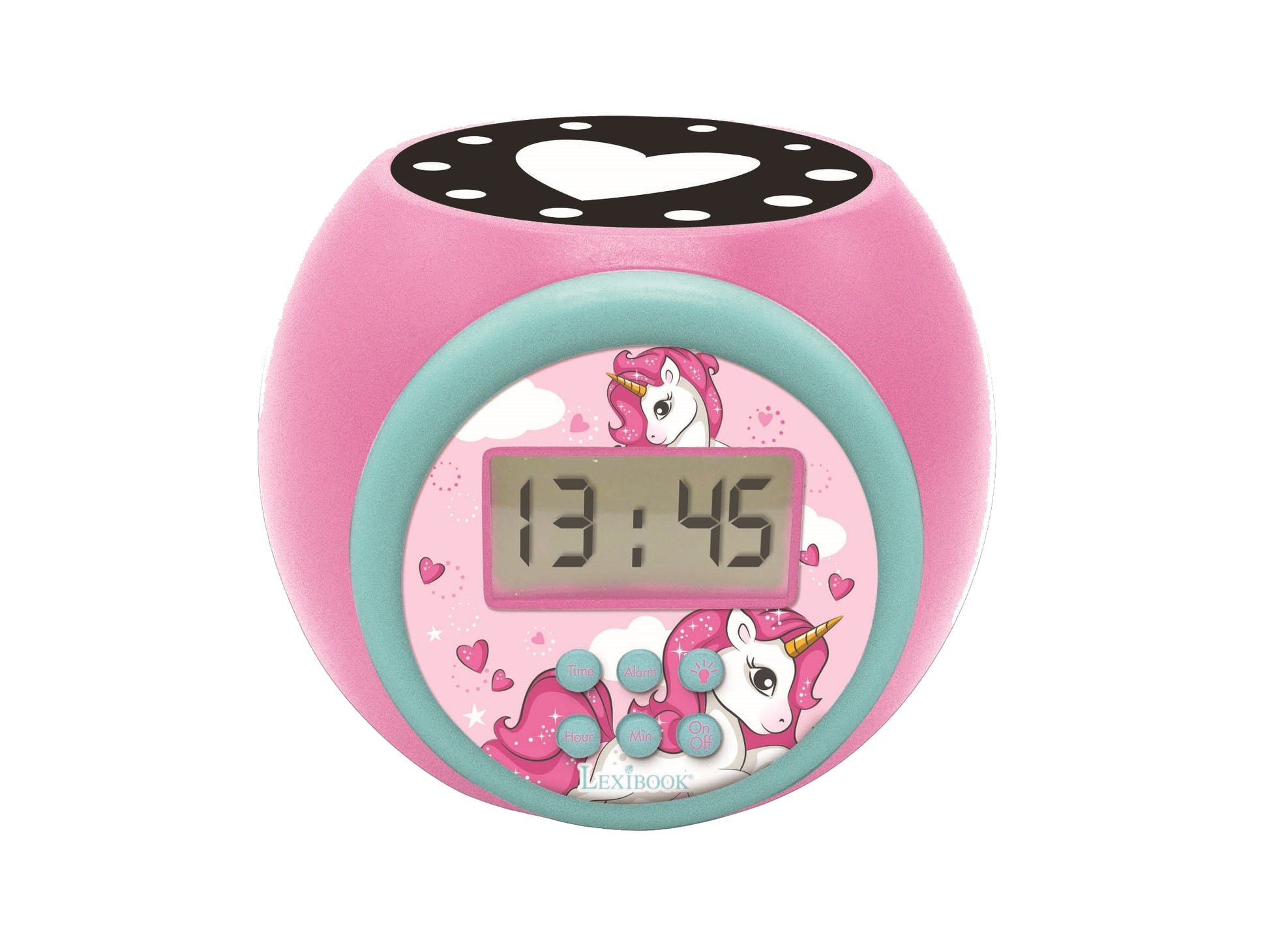 Pink and turquoise unicorn-themed digital alarm clock with LCD display showing 13:45, decorative unicorn graphics, hearts, and stars on face