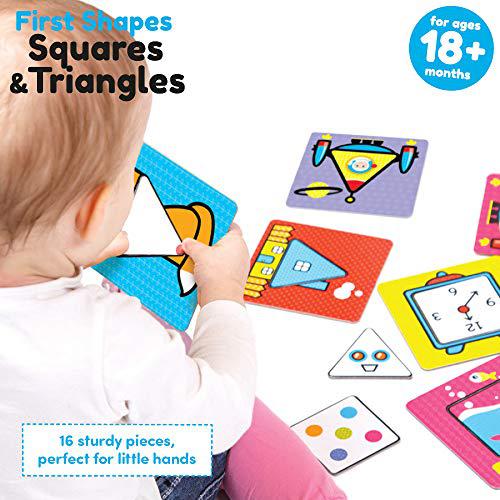 Modeled by a child, First Shapes Squares & Triangles puzzle set with colorful foam pieces including triangles, squares, and shape-matching boards for ages 18+ m